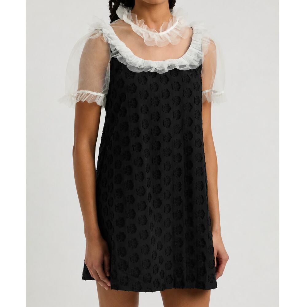 Sister Jane Mini Dress Tulle Floral Black Ruffle Collar Goth Babydoll-Small